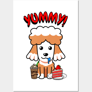 Cute brown dog is having coffee and cake Posters and Art